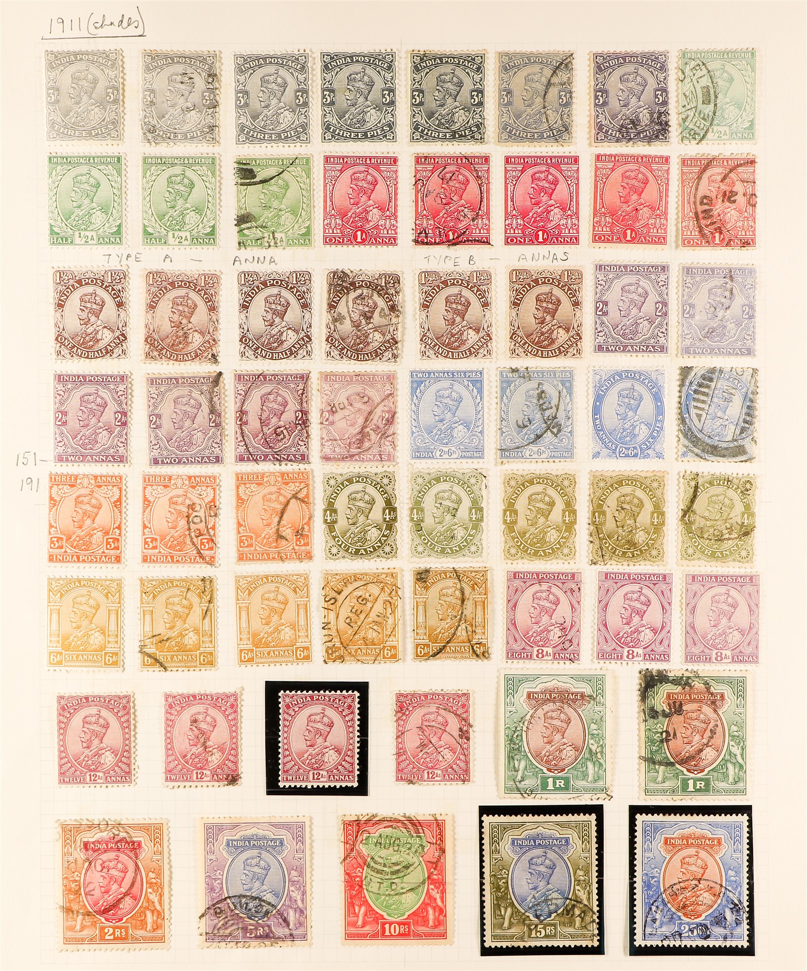 INDIA 1902 - 1943 OLD COLLECTION of 230+ mint & used stamps on 6 album pages. - Image 2 of 6