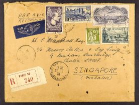 FRANCE 1938 (20 May) env registered from Paris to Singapore bearing 5 stamps making a 78fr.75c