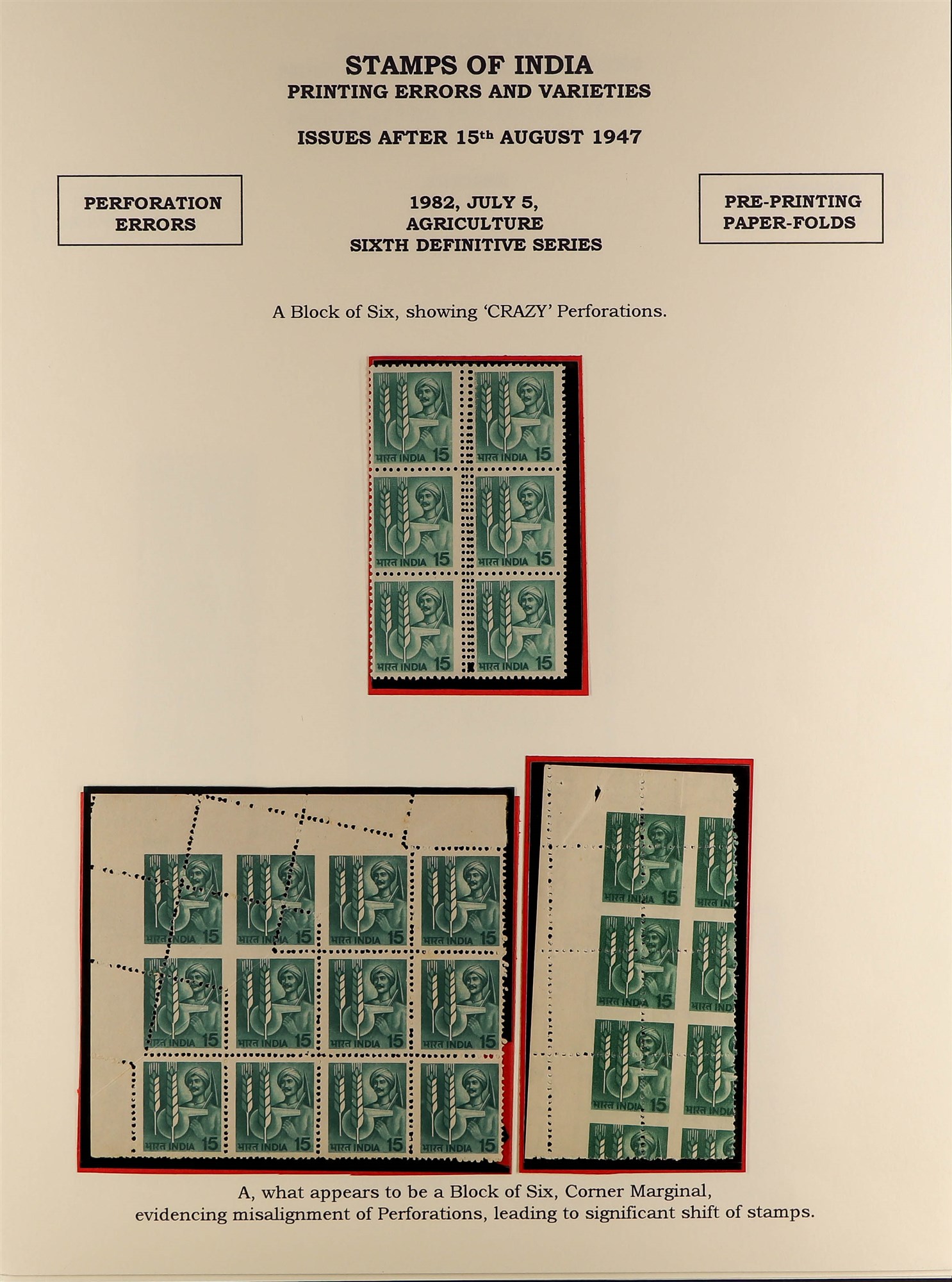 INDIA 1979-88 PRINTING ERRORS 15p deep bluish green "Farmer" definitive (SG 923/a), a mainly never