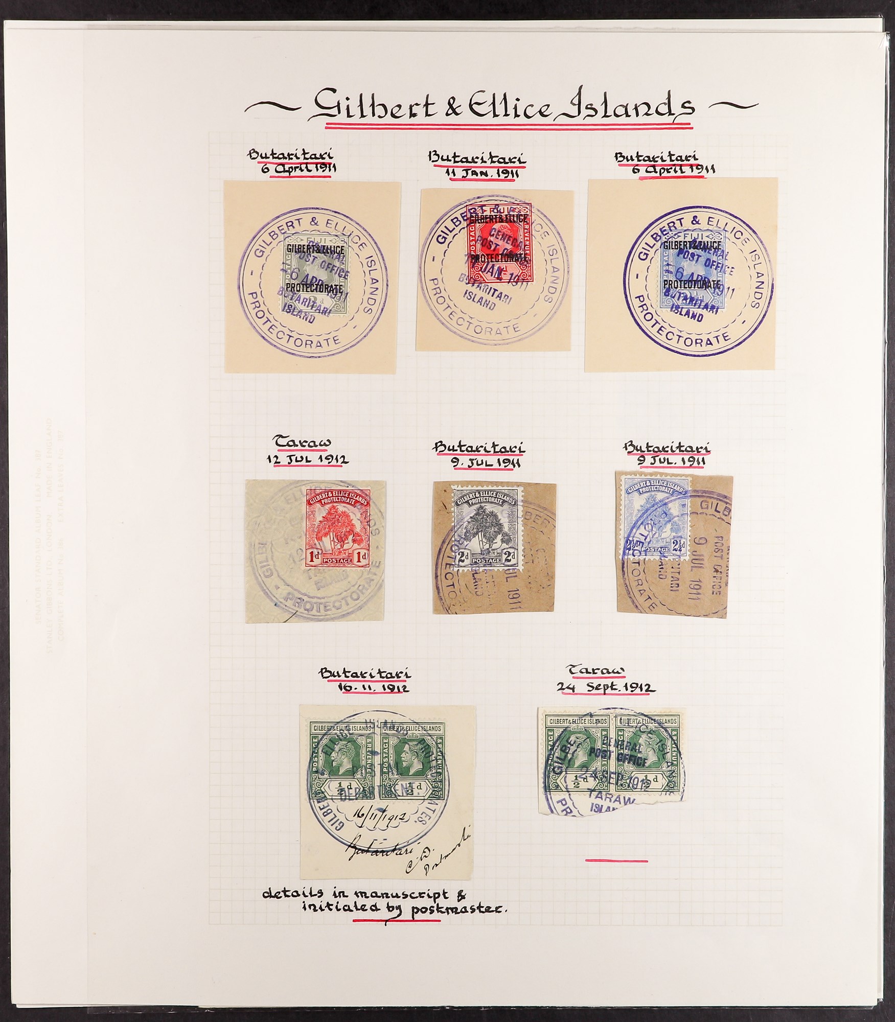 GILBERT & ELLICE IS 1911 - 1944 CANCELLATIONS range of chiefly stamps on piece, note 1911 1d, (2), - Image 2 of 3