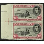 ASCENSION 1949 1½d black and carmine perf. 14, left marginal vertical pair, one with DAVIT FLAW,