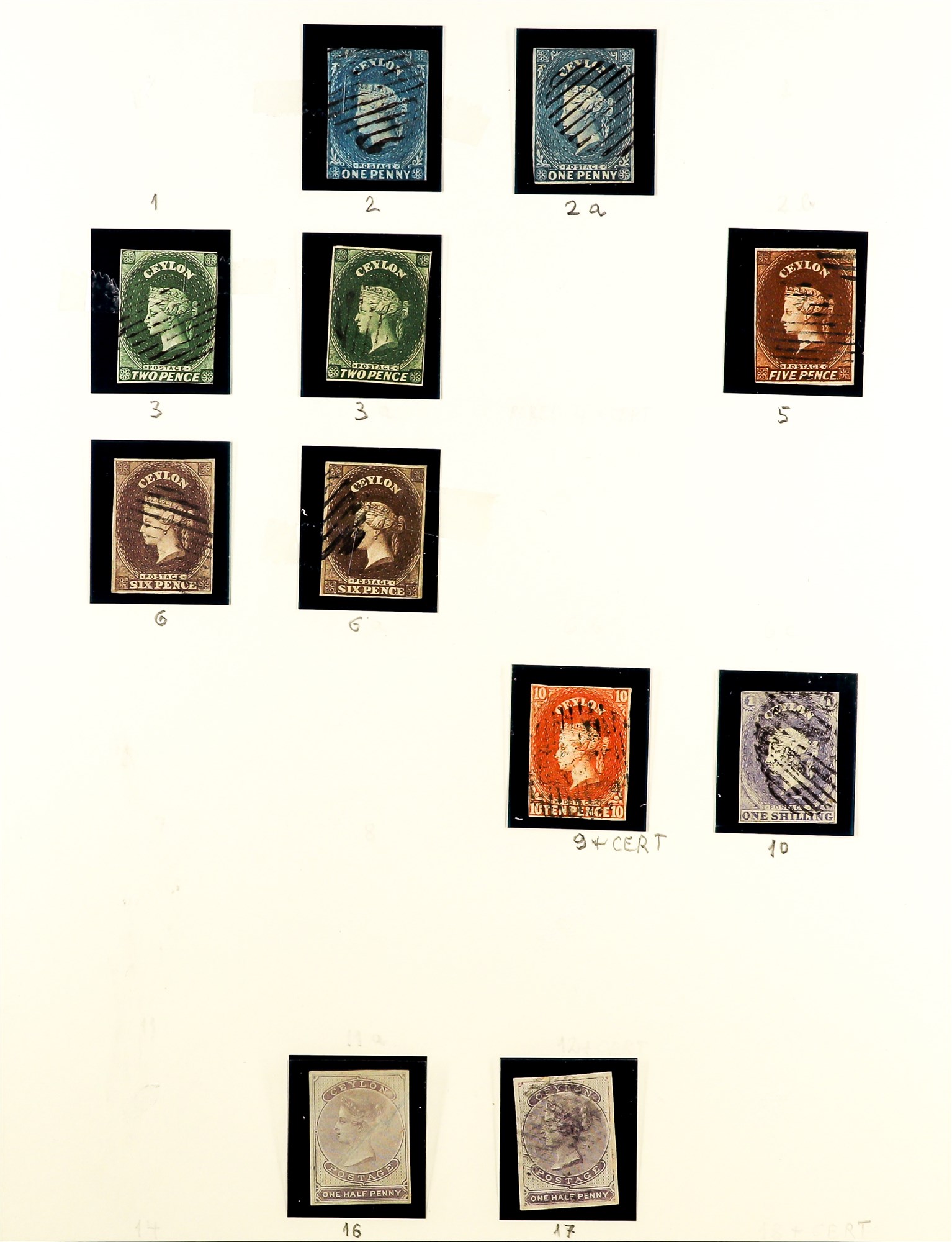 CEYLON 1857-59 1d (2 examples), 2d (2), 5d, 6d (2), 10d (certificate) & 1s imperfs, and 1857-64 ½d