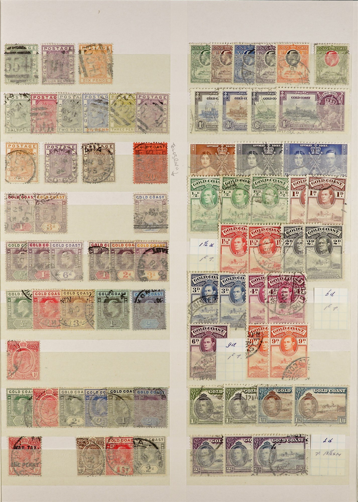 GOLD COAST 1876 - 1963 USED COLLECTION of approx 350 stamps on protective pages, many sets &