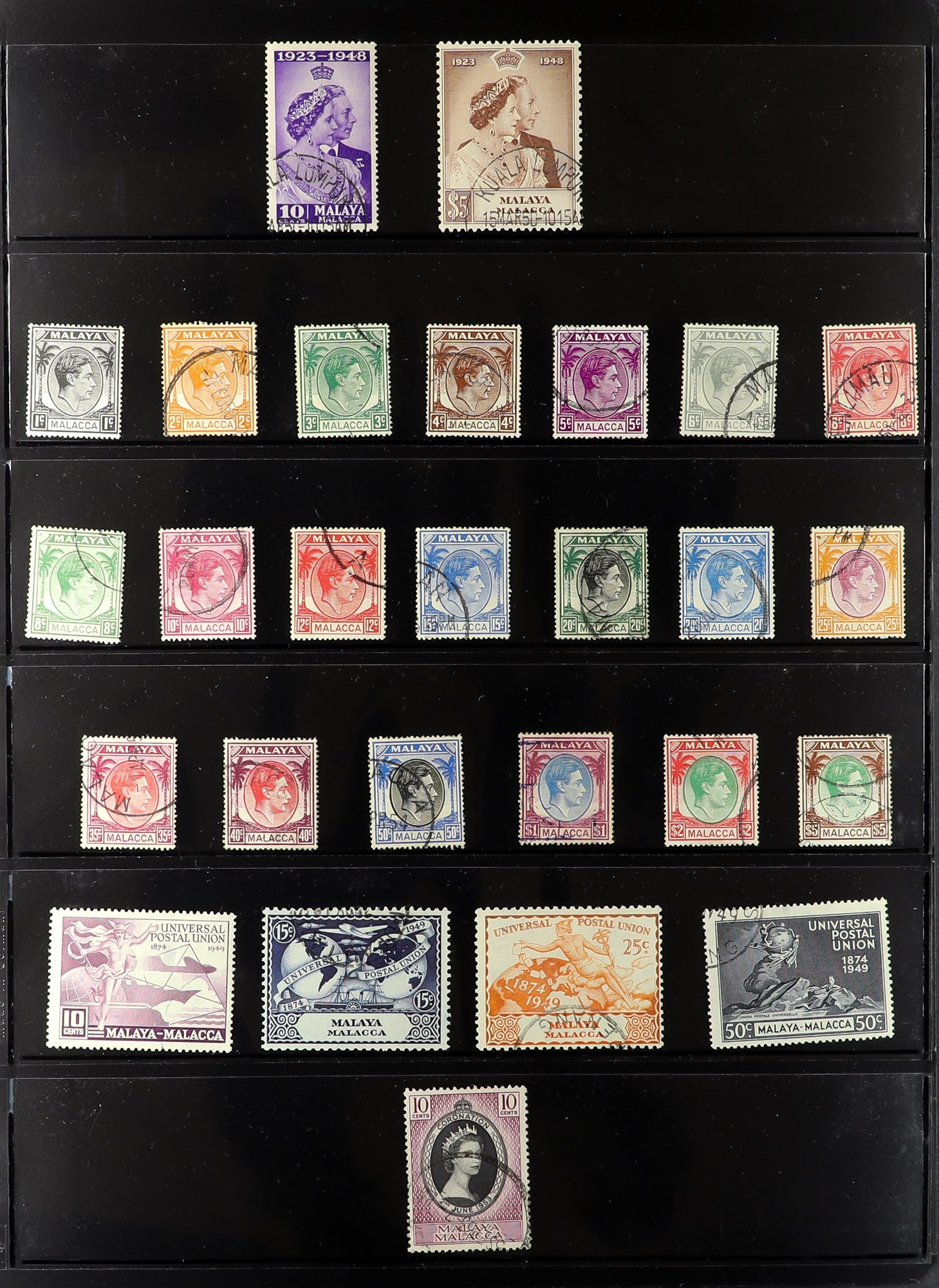 MALAYA STATES MALACCA 1948 - 1968 complete collection of used stamps from 1948 Wedding to 1965