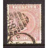 GB.QUEEN VICTORIA 1874 5s rose Plate 2, SG 127, good colour and neatly cancelled, small thin.