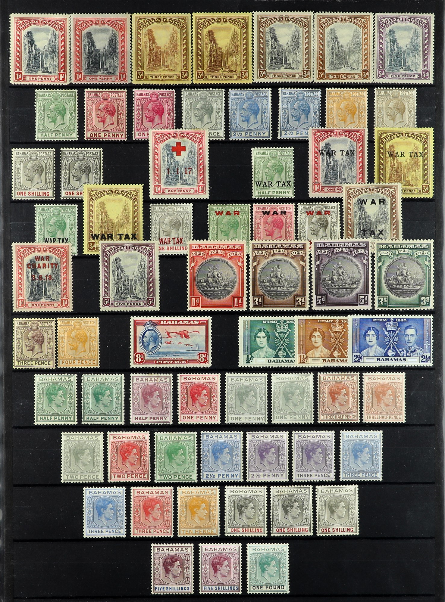 BAHAMAS 1911 - 1952 COLLECTION of 64 mint stamps on a protective page, includes the 1930
