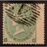 GB.QUEEN VICTORIA 1862-64 1s green 'KD' with 'K' normal, SG 90ab, used with light neat numeral