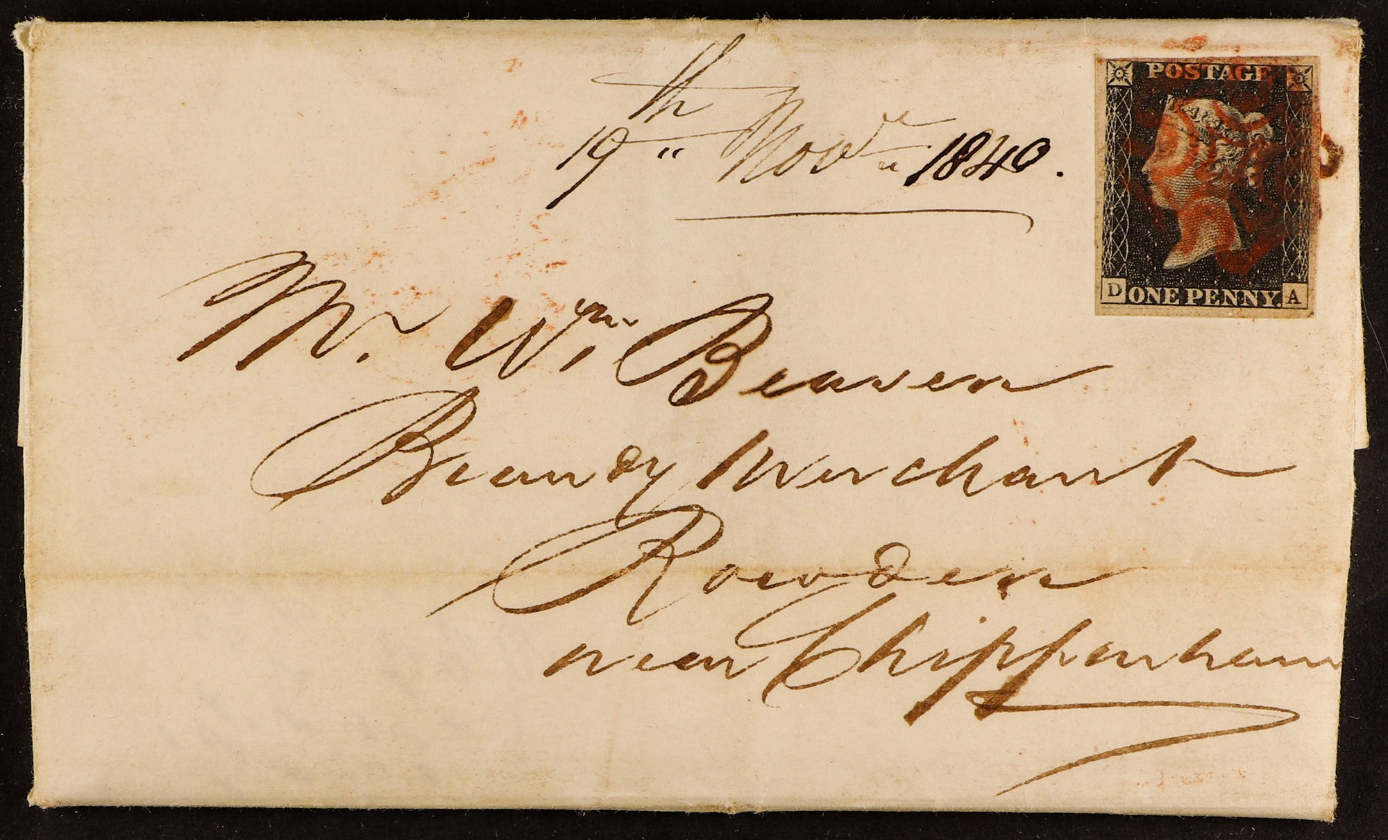 GB.PENNY BLACKS 1840 (19 Nov) entire letter to Rowden, bearing 1d Penny Black 'DA' plate 2 (SG 2)