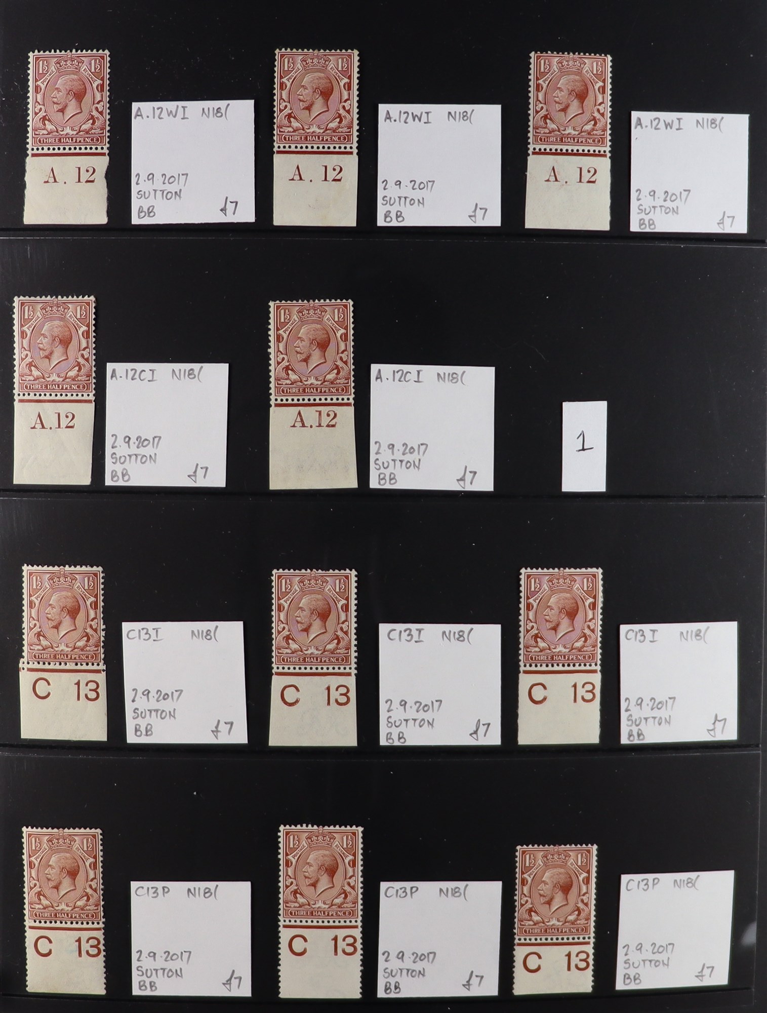 GB.GEORGE V 1912-24 1½d RED-BROWNS - SPECIALIZED CONTROL NUMBERS COLLECTION of mint (much never