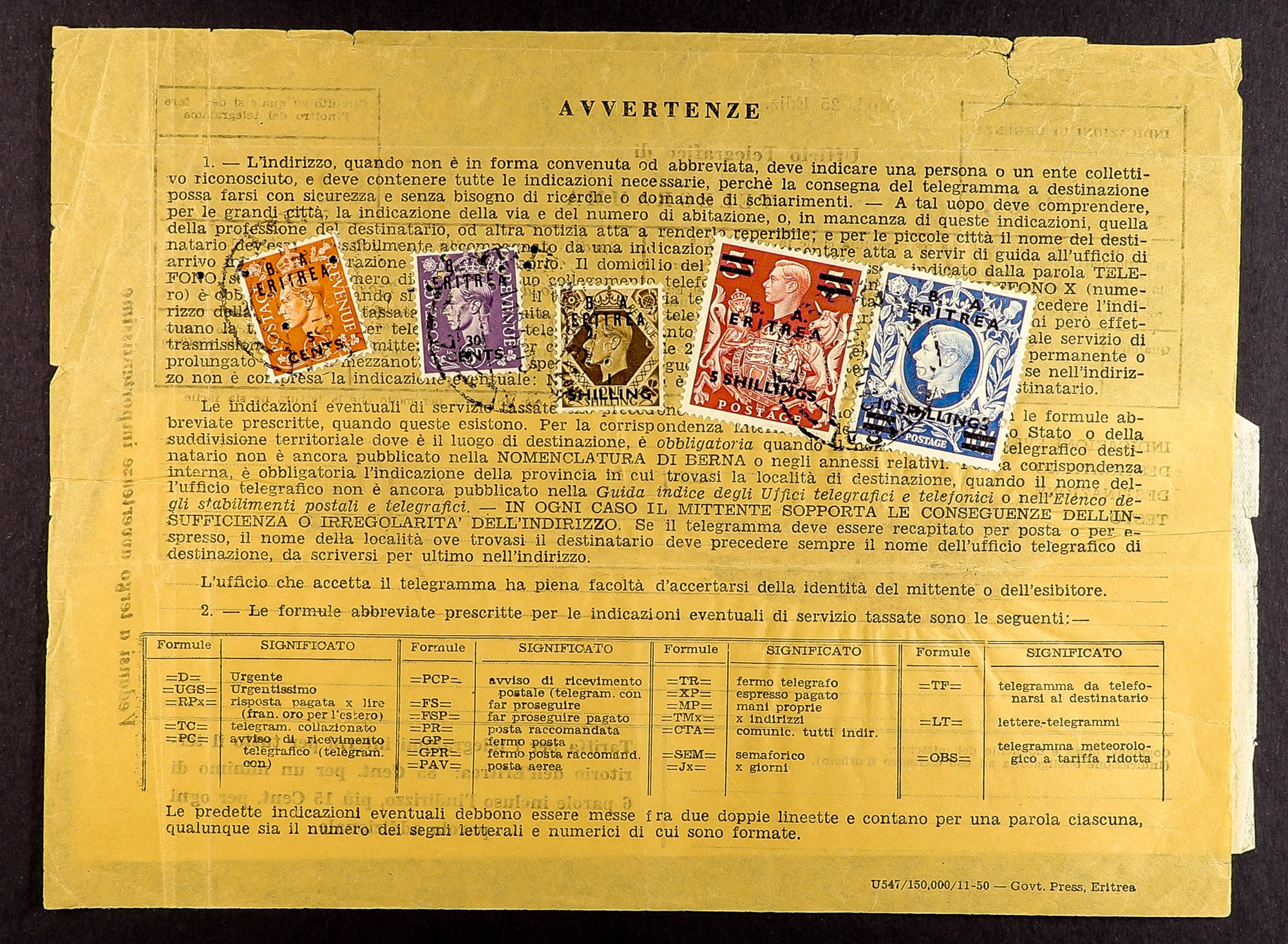 BR. OCC. ITAL. COL. ERITREA 1951 high value stamps on telegraph documents (4). Various "B.A. - Image 3 of 5