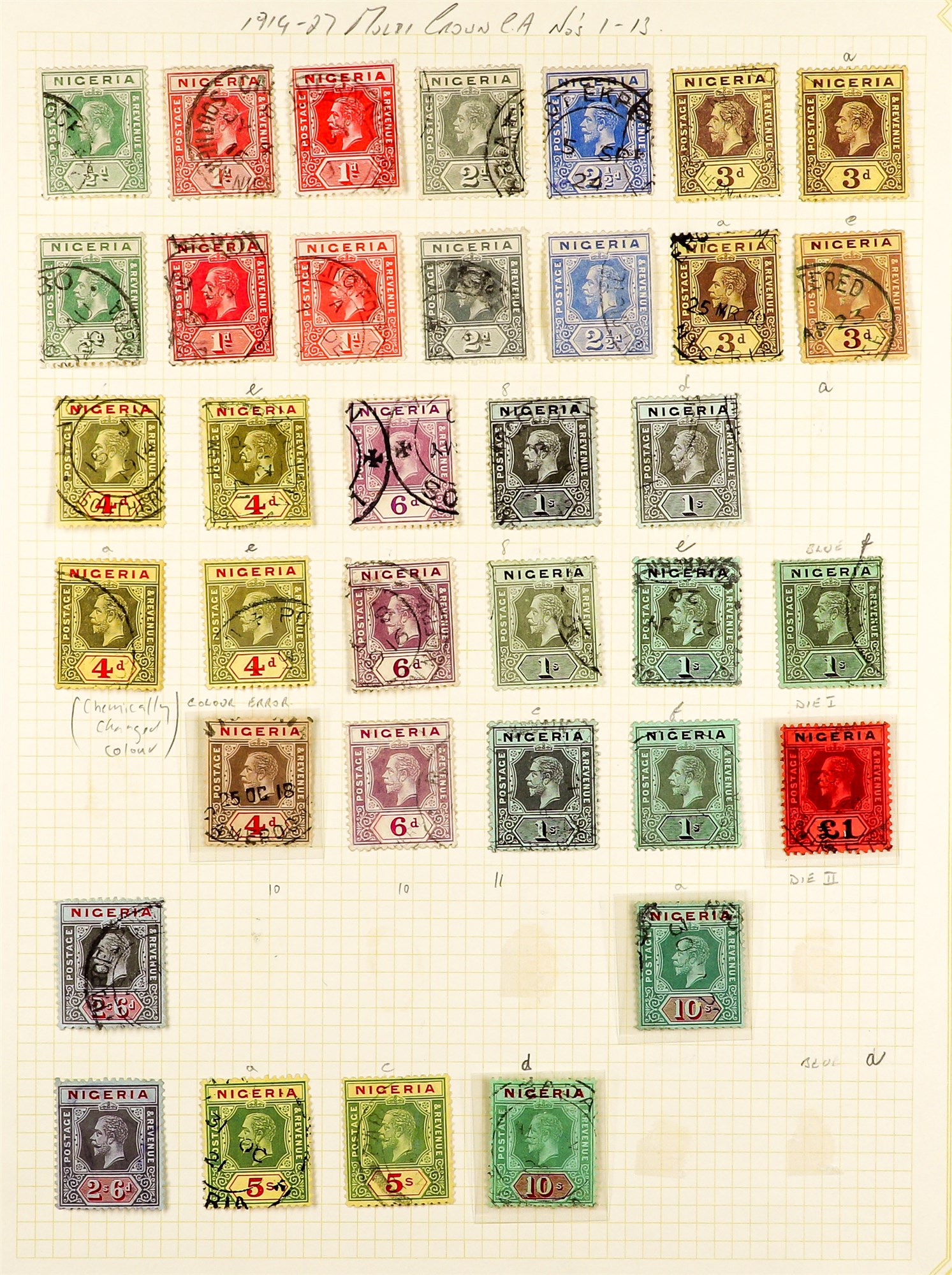 NIGERIA 1914 - 1932 COLLECTION of around 75 used stamps on album pages, note 1914-27 values with