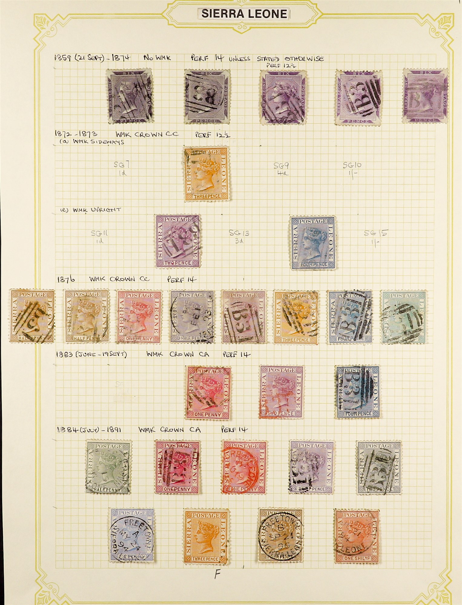 SIERRA LEONE 1859 - 1897 COLLECTION of 46 used stamps on album pages, note 1859-74 6d (5, shades