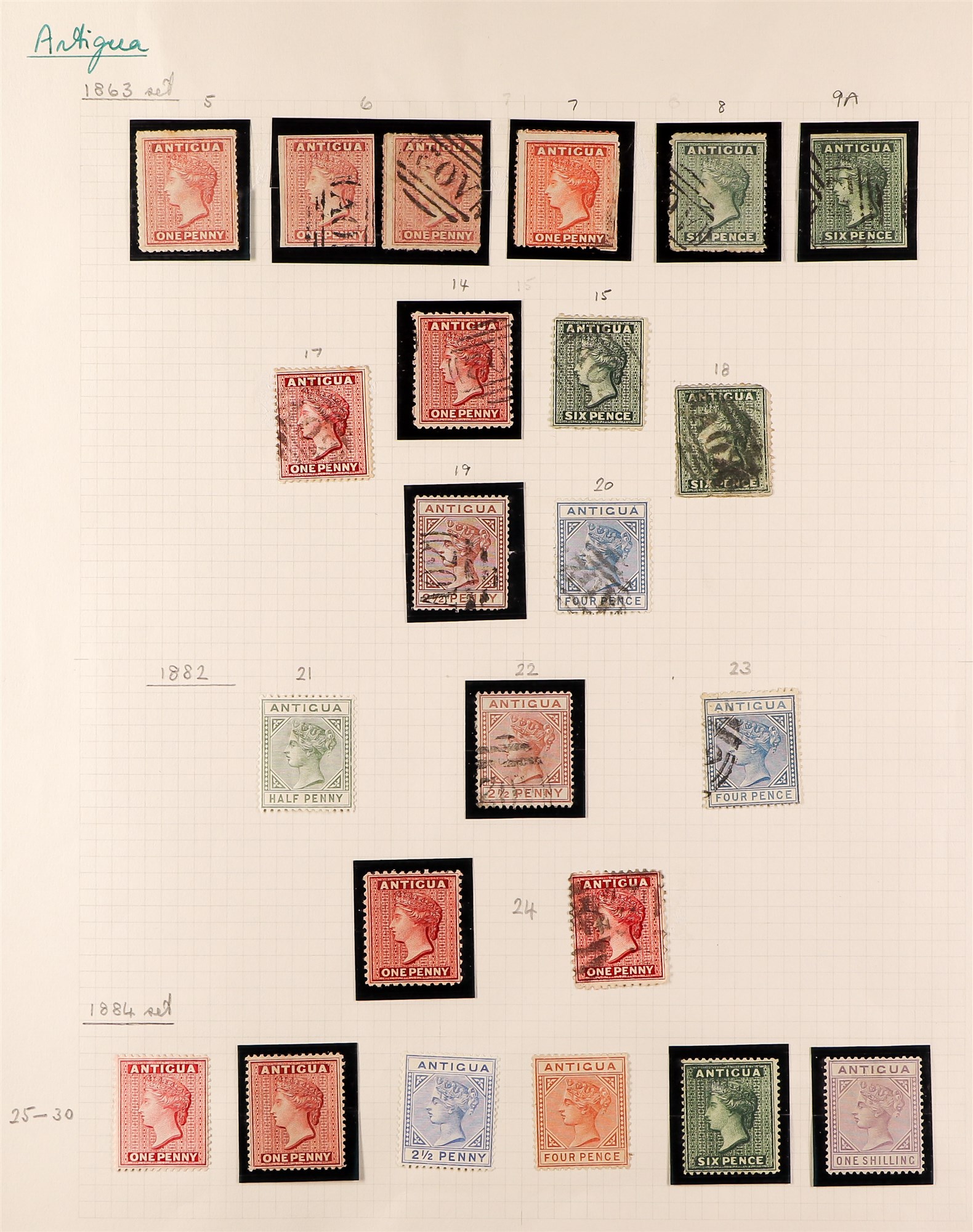 ANTIGUA & BARBUDA 1863 - 1884 OLD COLLECTION A small mint & used collection of 23 stamps on old