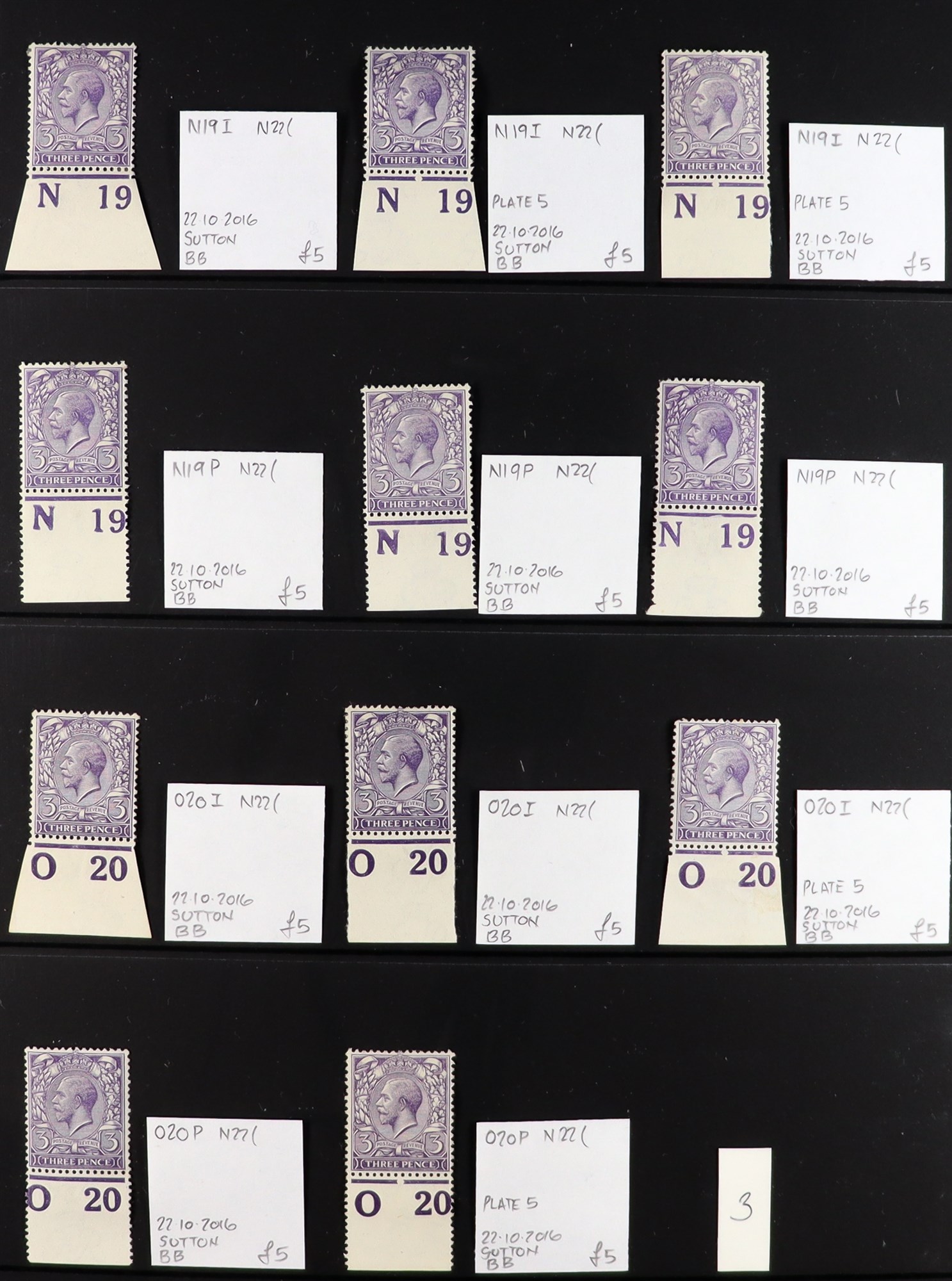 GB.GEORGE V 1912-24 3d VIOLETS - SPECIALIZED CONTROL NUMBERS COLLECTION of mint (much never hinged - Image 2 of 8