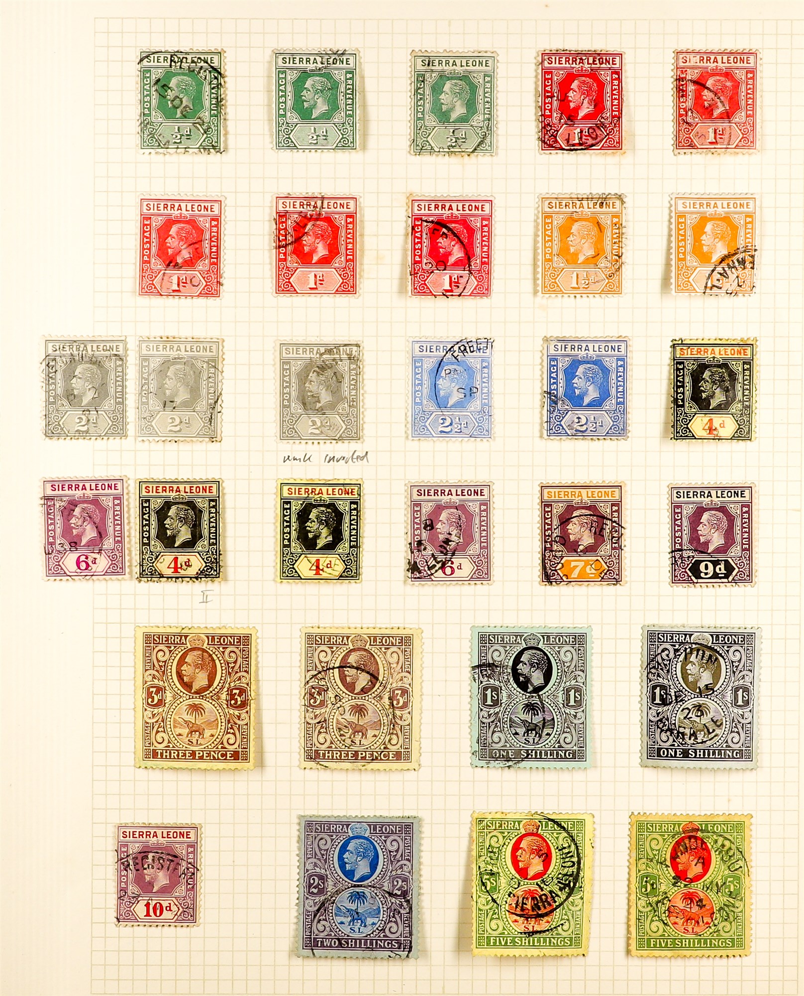 SIERRA LEONE 1912 - 1933 USED COLLECTION of 74 stamps on album pages, note 1912-21 to 5s (2,