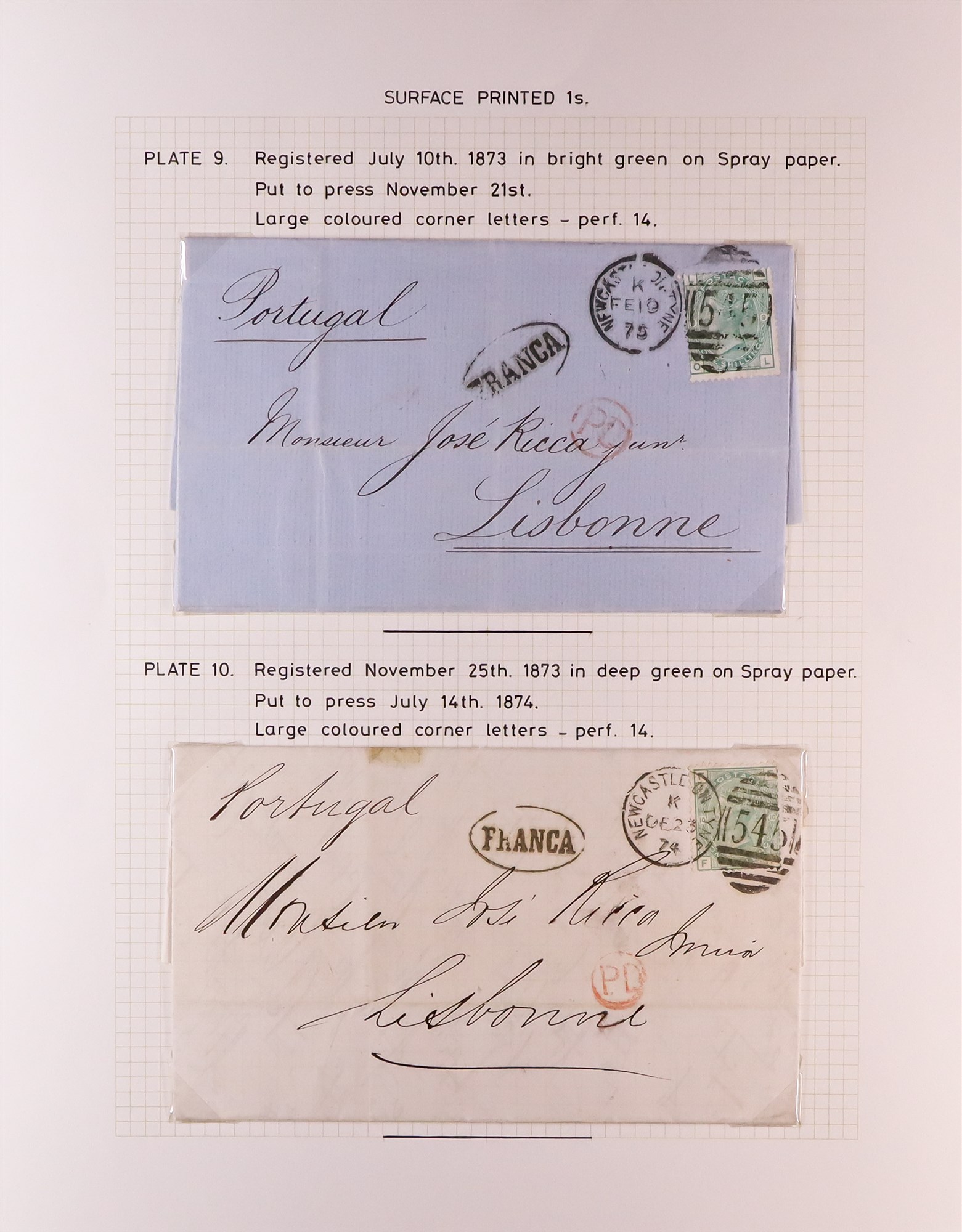 GB.QUEEN VICTORIA 1874-75 two entire letters from Newcastle on Tyne to Lisbon, Portugal, each