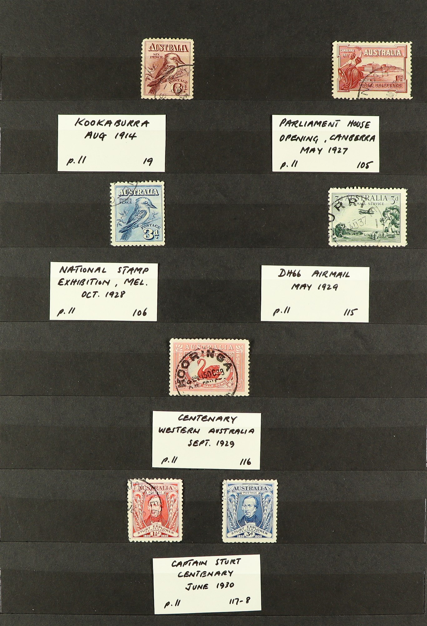 AUSTRALIA 1914 -1936 COLLECTION of 42 used stamps, a complete run of commemorative sets to 1936,