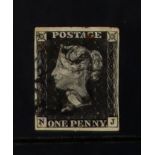 GB.PENNY BLACKS 1841 1d black 'NJ' plate 8 on thin paper, Spec AS49e, used with 4 margins and