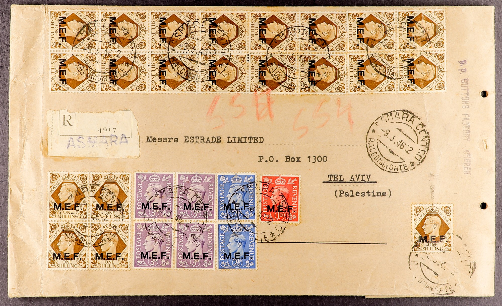 BR. OCC. ITAL. COL. M.E.F. 1946 (9 Mar) cover / samples bag registered from Asmara to Tel Aviv