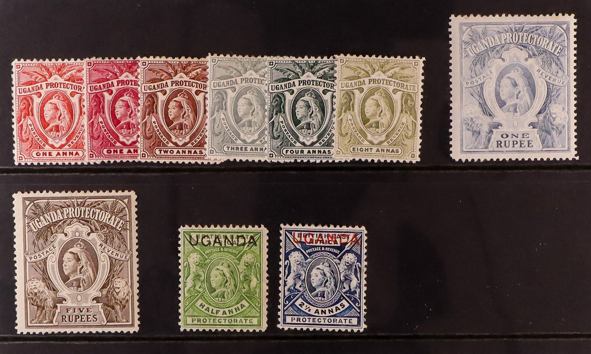 UGANDA 1898-1902 set plus 1a shade, and 1902 overprinted pair, mint. Cat. £273 (10 stamps)