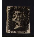 GB.PENNY BLACKS 1840 1d intense black 'PI' plate 9, SG 1, used with almost 4 margins & black MC