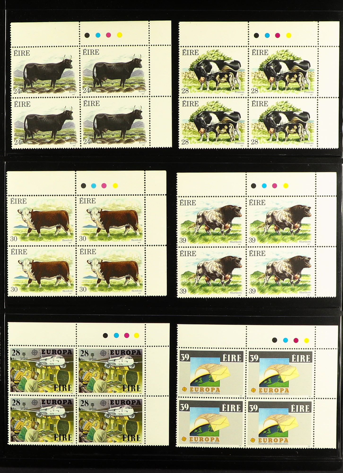 IRELAND 1984-1990 NEVER HINGED MINT COLLECTION of mostly blocks of 4 on stock pages in binder.