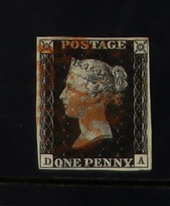 GB.PENNY BLACKS 1840 1d black 'DA' plate 9, SG 2, used with 4 margins & red MC cancellation, small