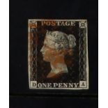 GB.PENNY BLACKS 1840 1d black 'DA' plate 9, SG 2, used with 4 margins & red MC cancellation, small