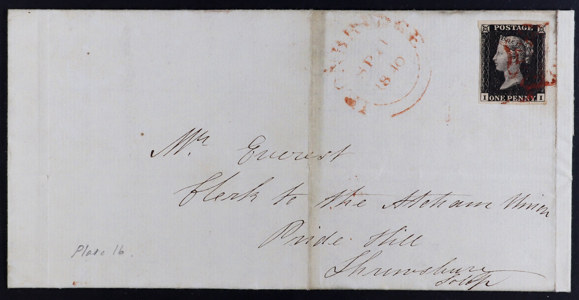 GB.PENNY BLACKS 1840 (24 Sep) entire letter bearing 1d black plate 1b 'II' (4 good to large margins)