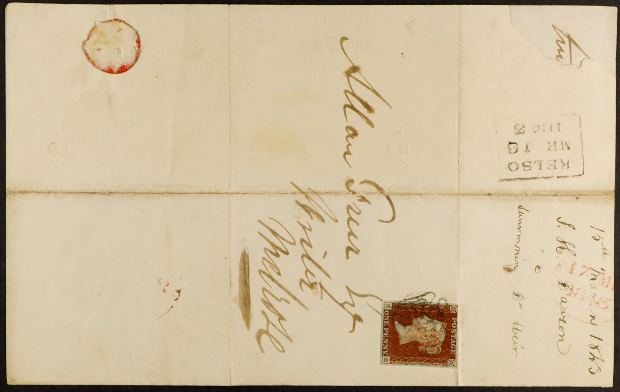 GB.QUEEN VICTORIA 1843 (16 Mar) EL bearing 1d red-brown imperf with 4 margins tied by clear