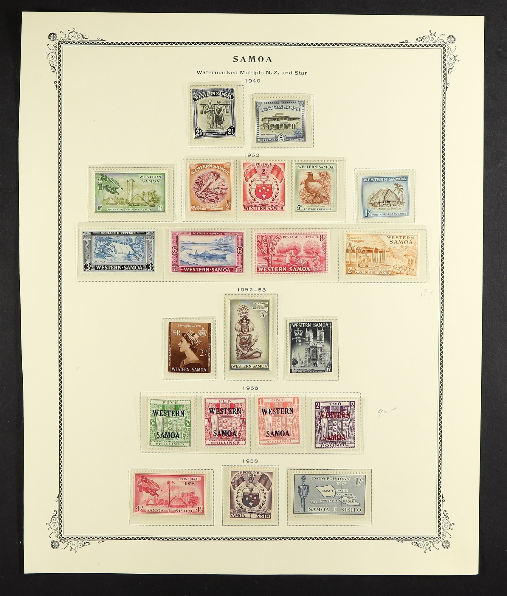 SAMOA 1914 - 1958 MINT COLLECTION of over 90 stamps, on album pages, 1914-24 Postal Fiscals set, - Image 5 of 5