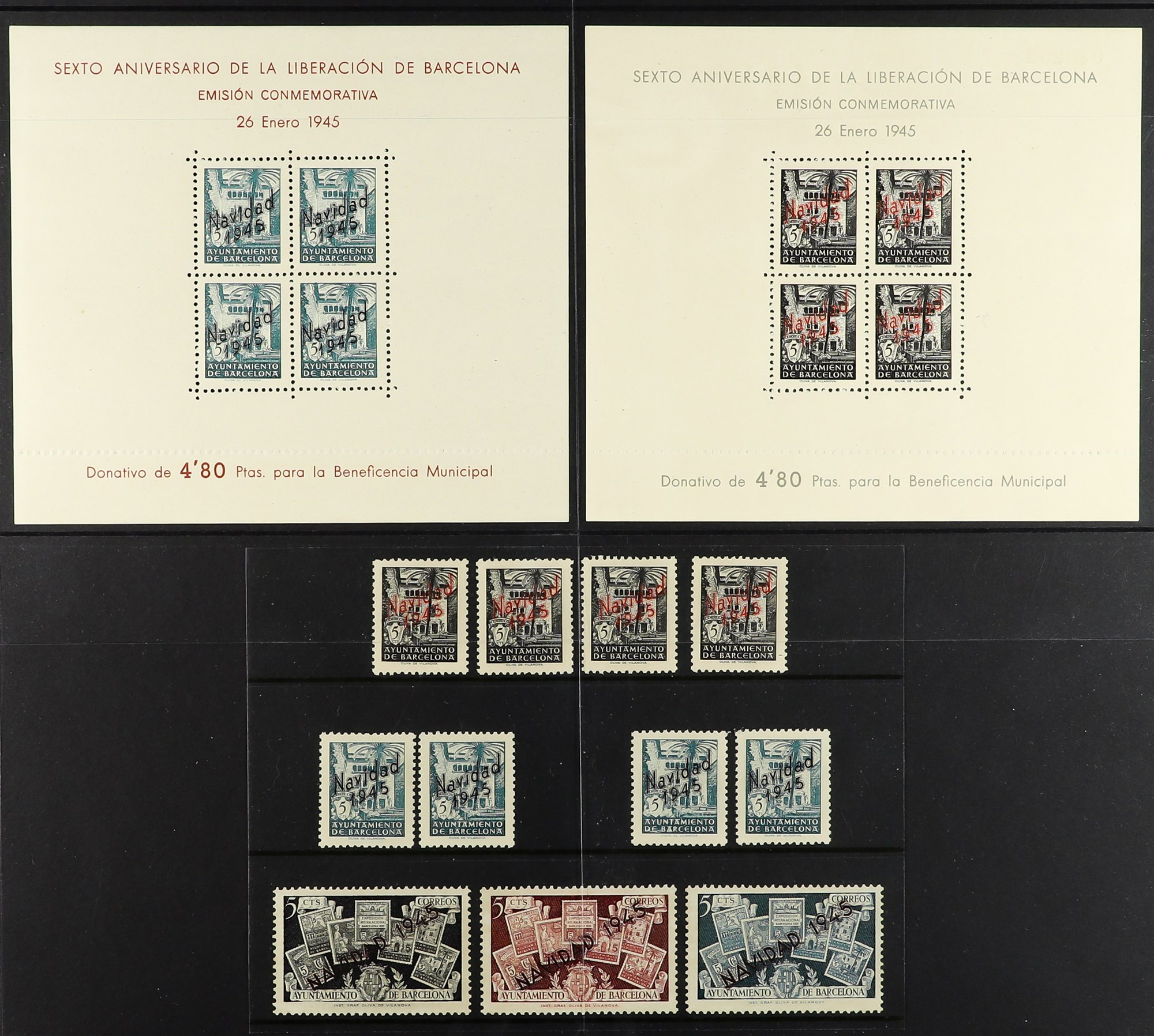 SPAIN 1945 BARCELONA LOCALS 6th Anniversary of Liberation miniature sheets opt'd "NAVIDAD 1945" on