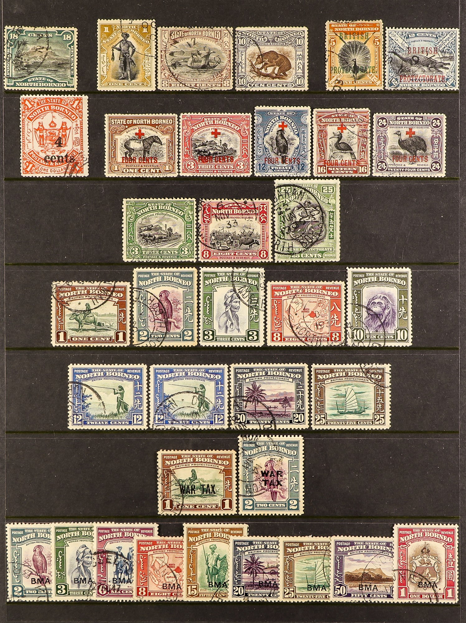 NORTH BORNEO 1894 - 1961 USED COLLECTION of around 90 cds cancelled stamps (no remainder