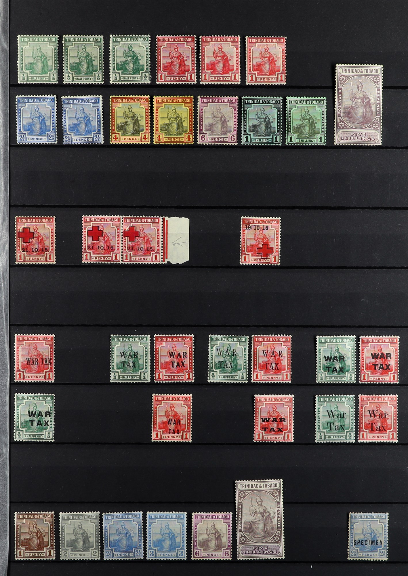 TRINIDAD & TOBAGO 1913 - 1935 MINT COLLECTION of 70+ stamps on protective pages with sets, higher