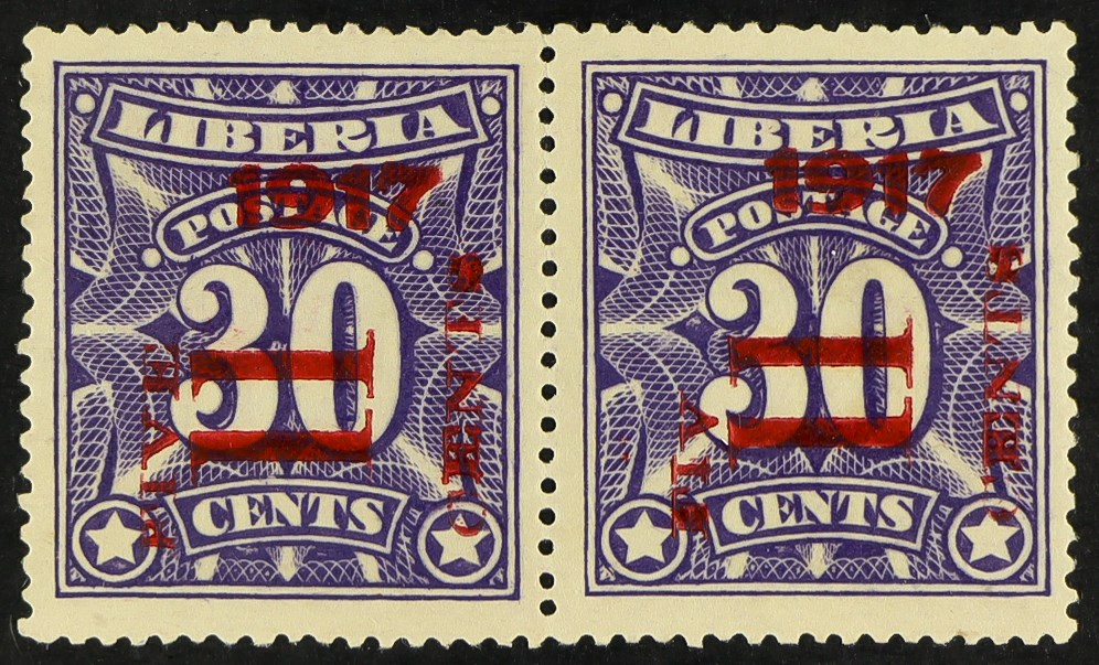 LIBERIA 1917 5c on 30c deep violet pair - one with 'FIV CENTS' unlisted error - Scott 161+161