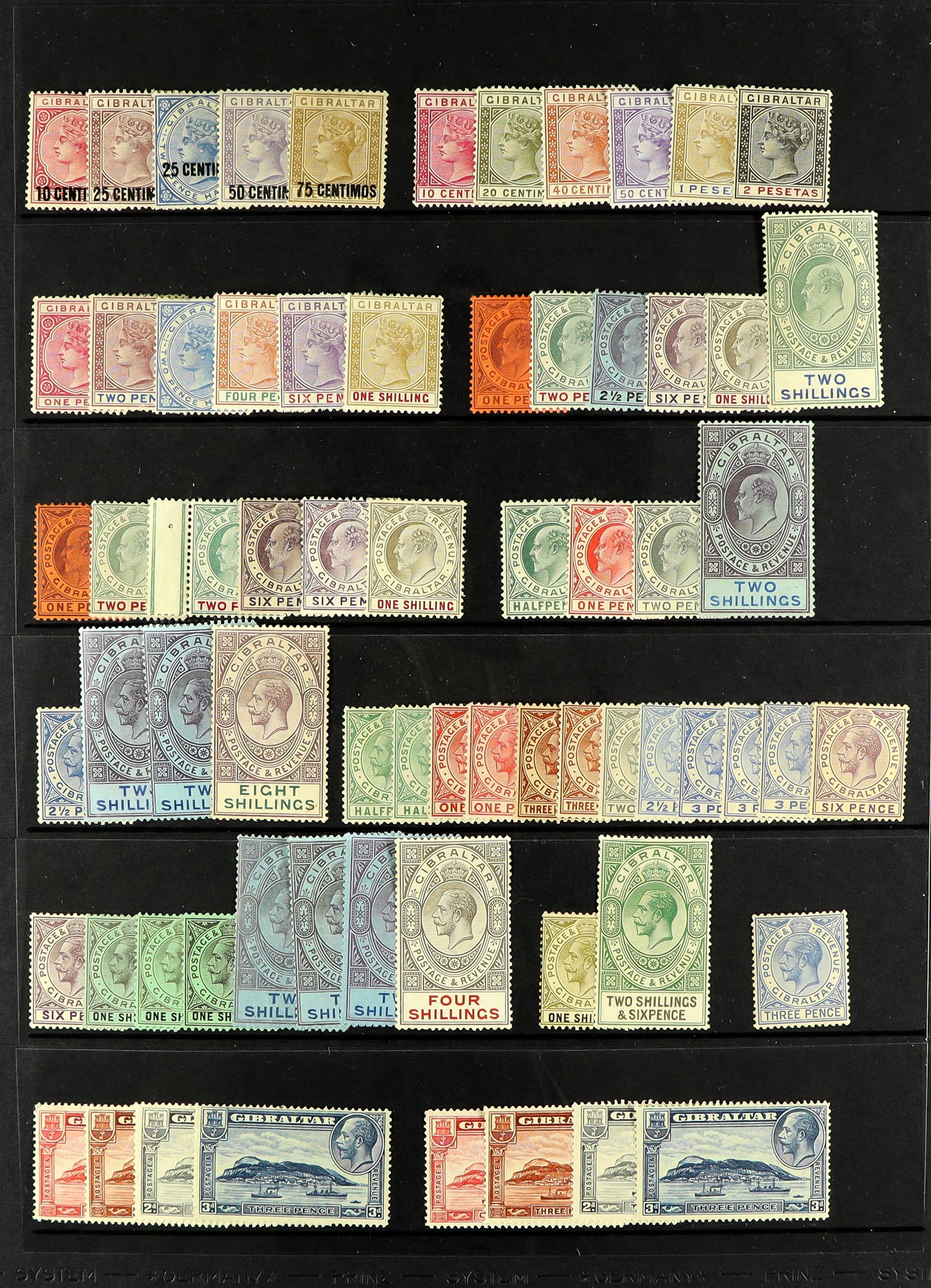GIBRALTAR 1889 - 1933 COLLECTION of 68 mint stamps on a protective page, note 1889 to 50c on 6d &