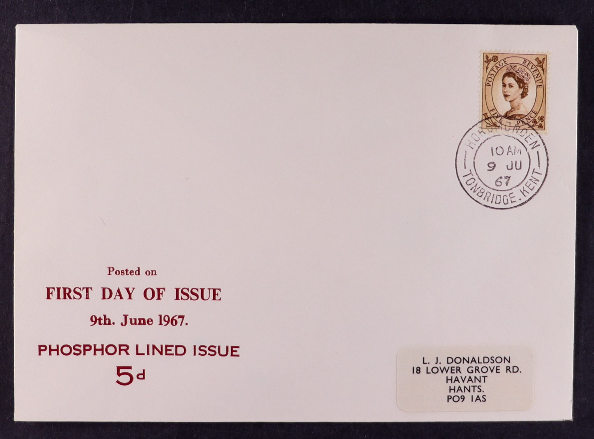 GB.FIRST DAY COVERS 1967 5d brown Wilding phosphor definitive (SG 616c) on First Day Cover with