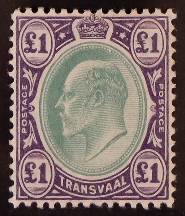 SOUTH AFRICA -COLS & REPS TRANSVAAL 1903 £1 green and violet, SG 258, mint very lightly hinged. Cat.