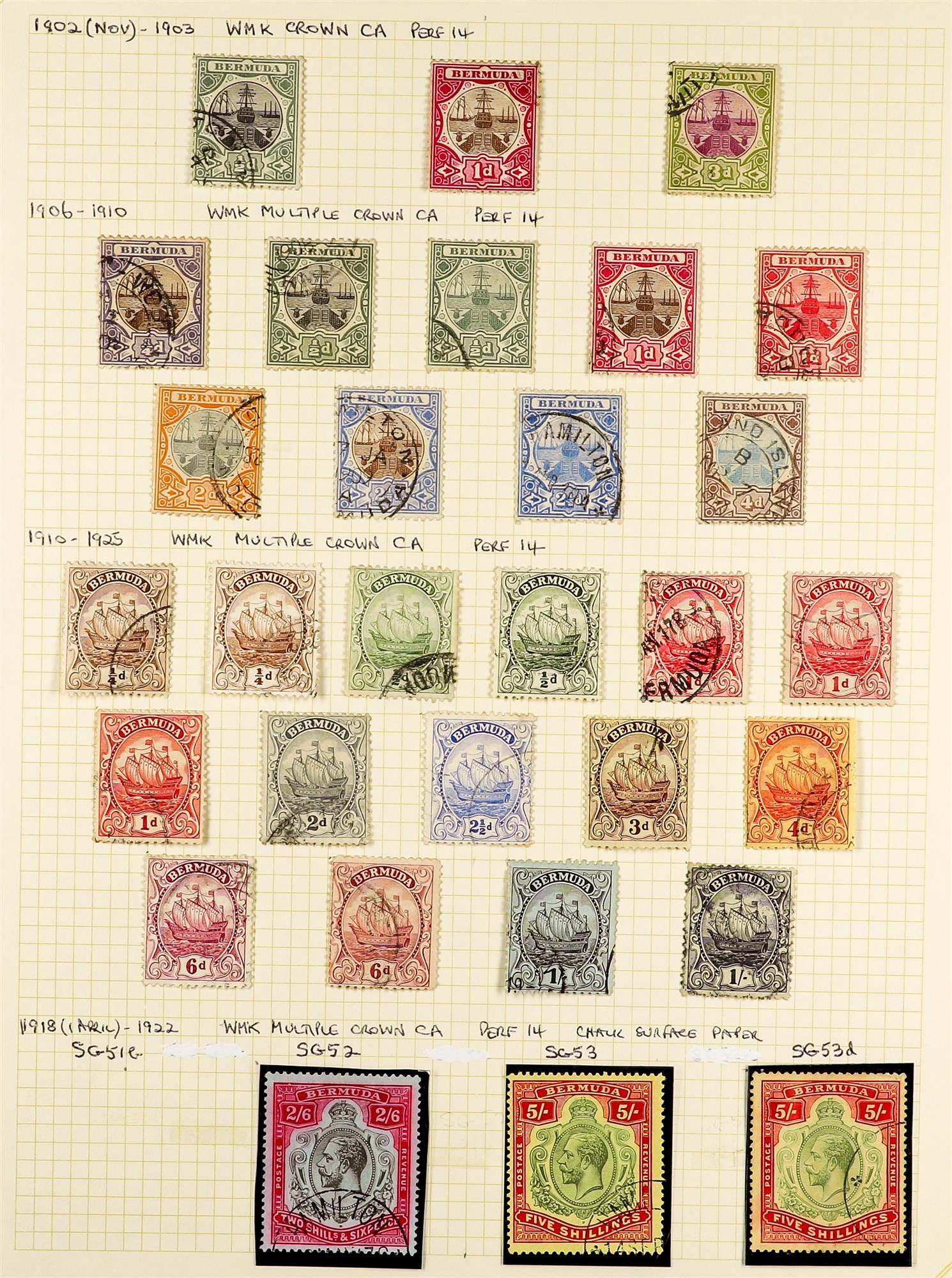 BERMUDA 1902 - 1936 FINE USED COLLECTION of 87 stamps on pages, note 1906-10 set, 1910-25 set with