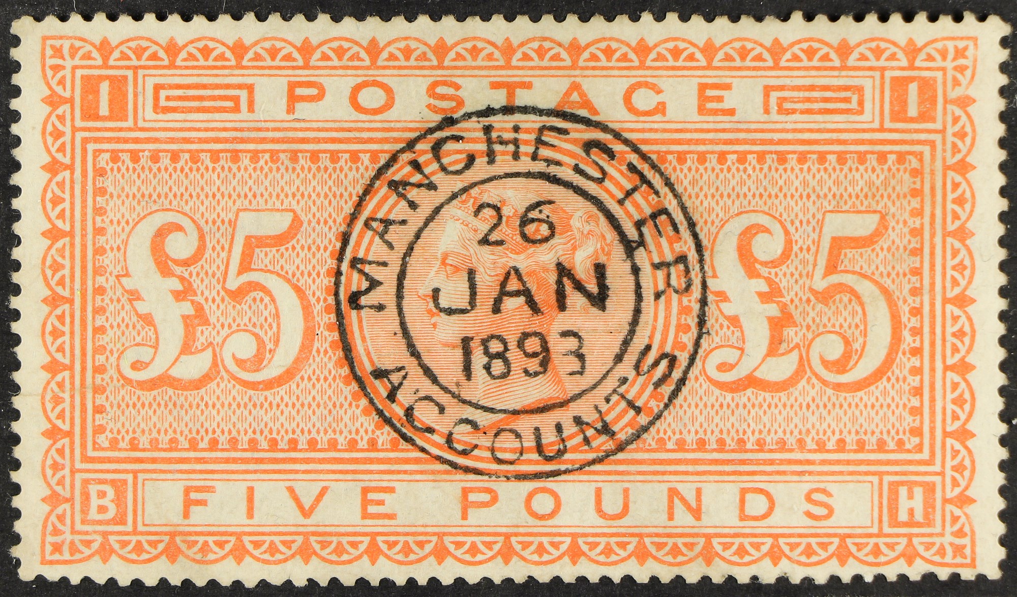 GB.QUEEN VICTORIA 1867-83 £5 orange, SG 137, used with superb upright Manchester Accounts cds