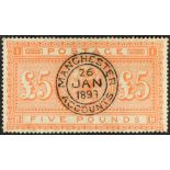 GB.QUEEN VICTORIA 1867-83 £5 orange, SG 137, used with superb upright Manchester Accounts cds