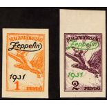 HUNGARY 1931 "Zeppelin" overprints complete IMPERF set, Michel 478/79 U, never hinged mint, cat €700