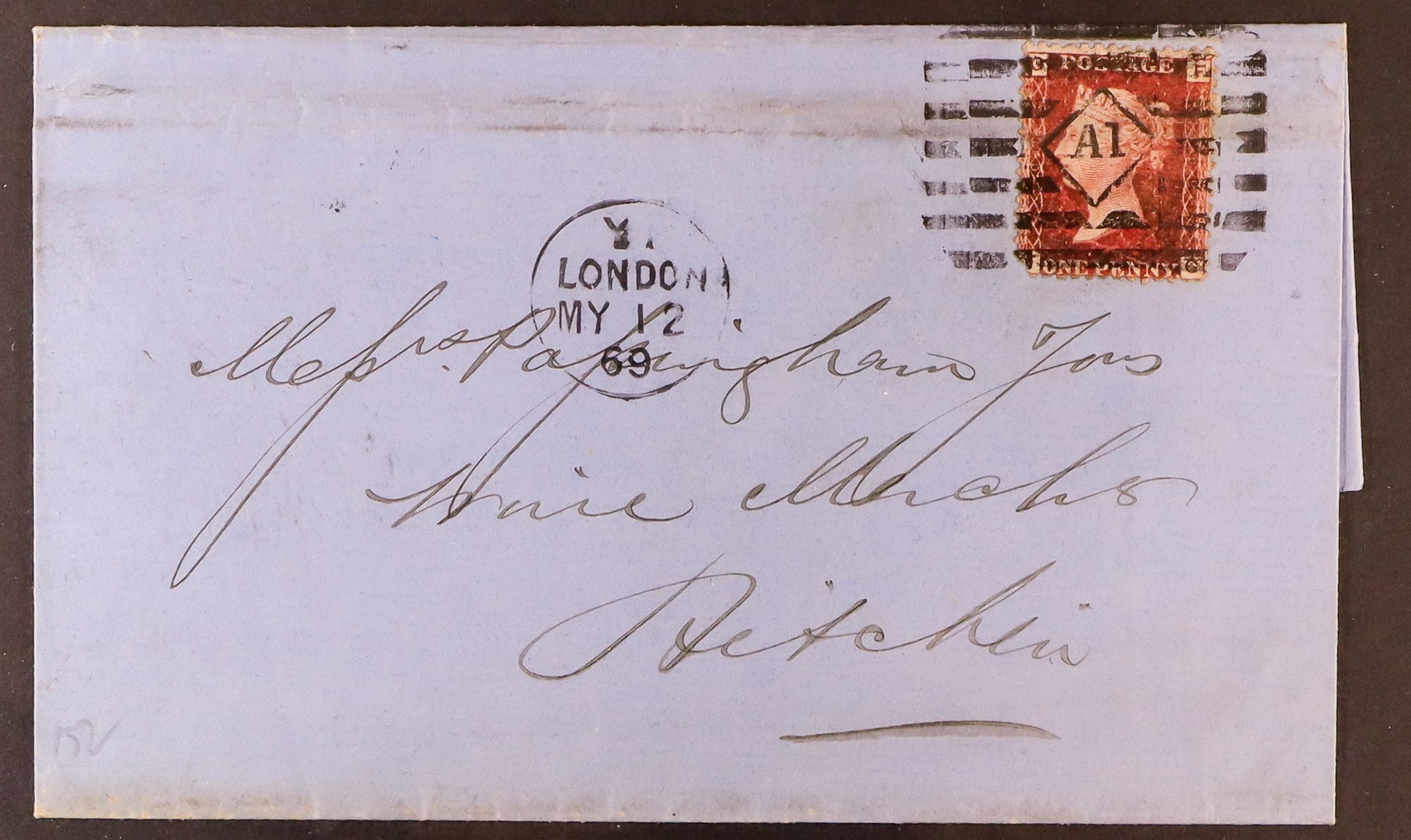 GB.QUEEN VICTORIA 1869 (12 May) L.S to Hitchen bearing 1d red 'plate' (faults) tied by AZEMAR (or