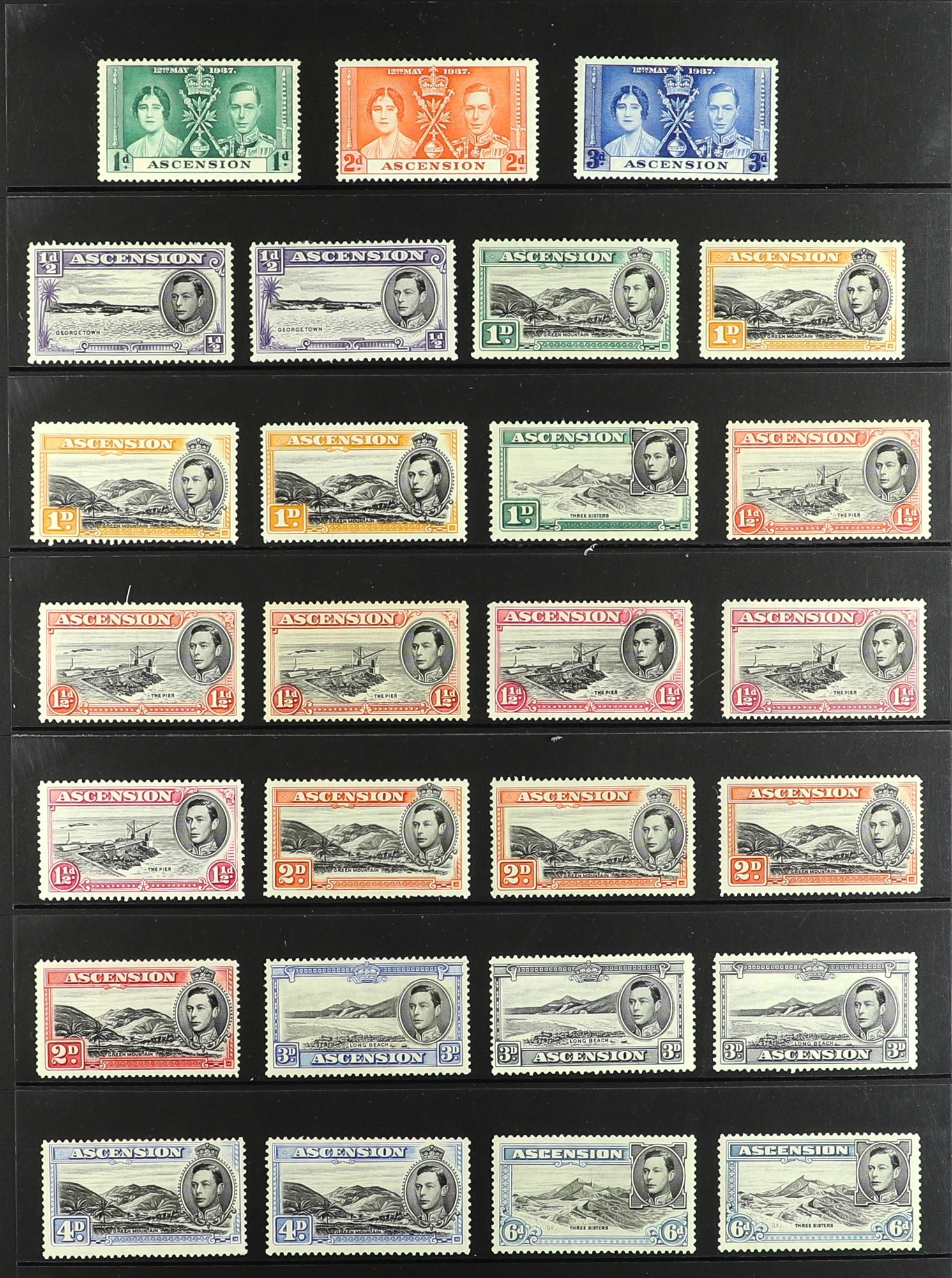 ASCENSION 1937 - 1949 MINT COLLECTION of over 40 stamps on protective pages, complete from 1937