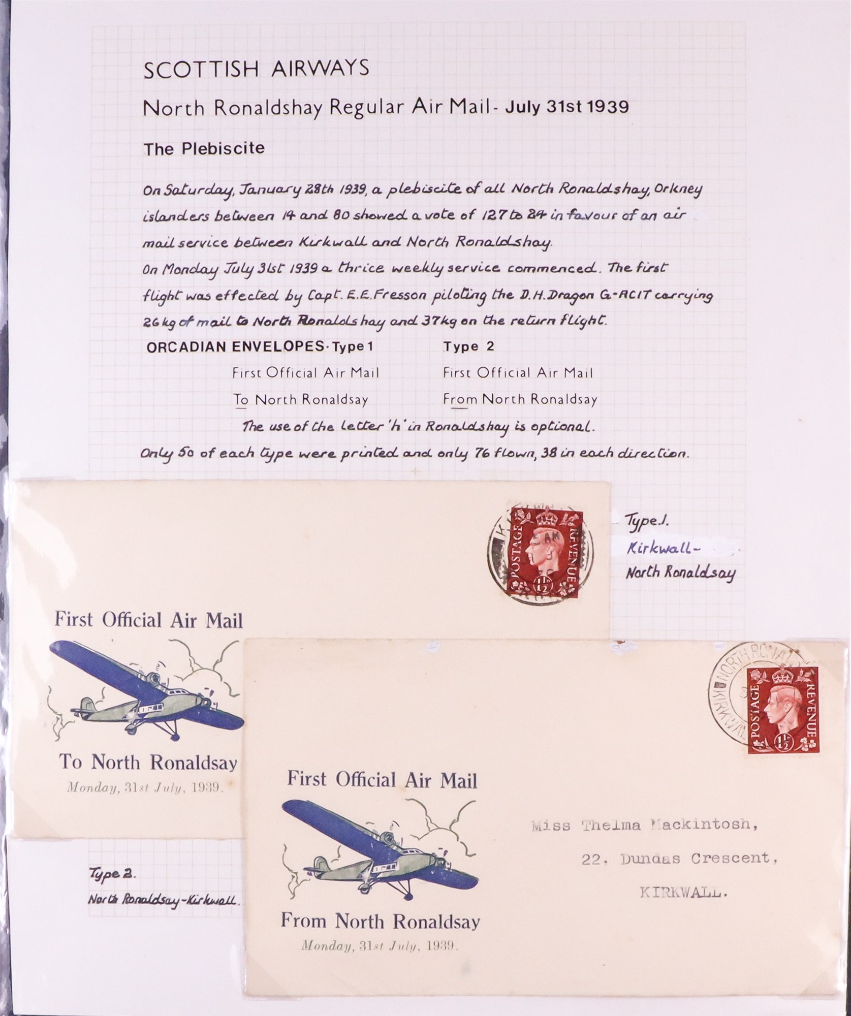 GB. COVERS & POSTAL HISTORY ORKNEY ISLANDS AIRMAIL COVERS COLLECTION 1934-39 with 1934 (29 May) F.F. - Image 9 of 10