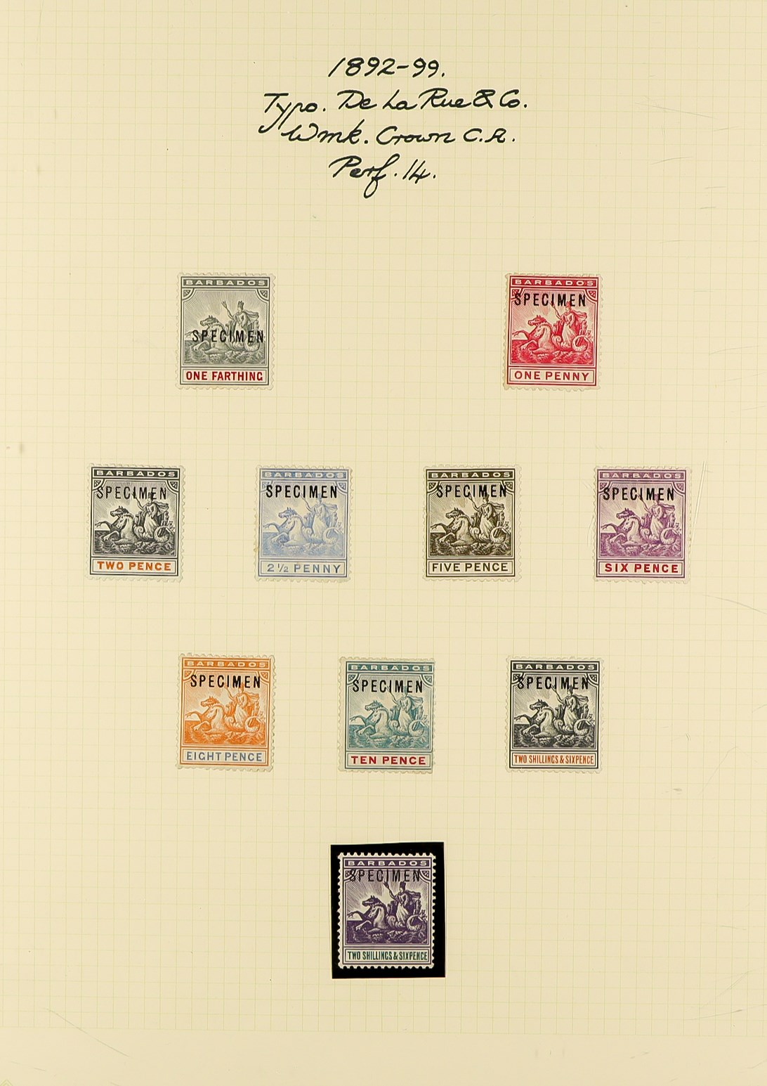 BARBADOS 1892 - 1903 COLLECTION OF "SPECIMEN" OVERPRINTS. 1892 - 1903 Seal of Colony collection of