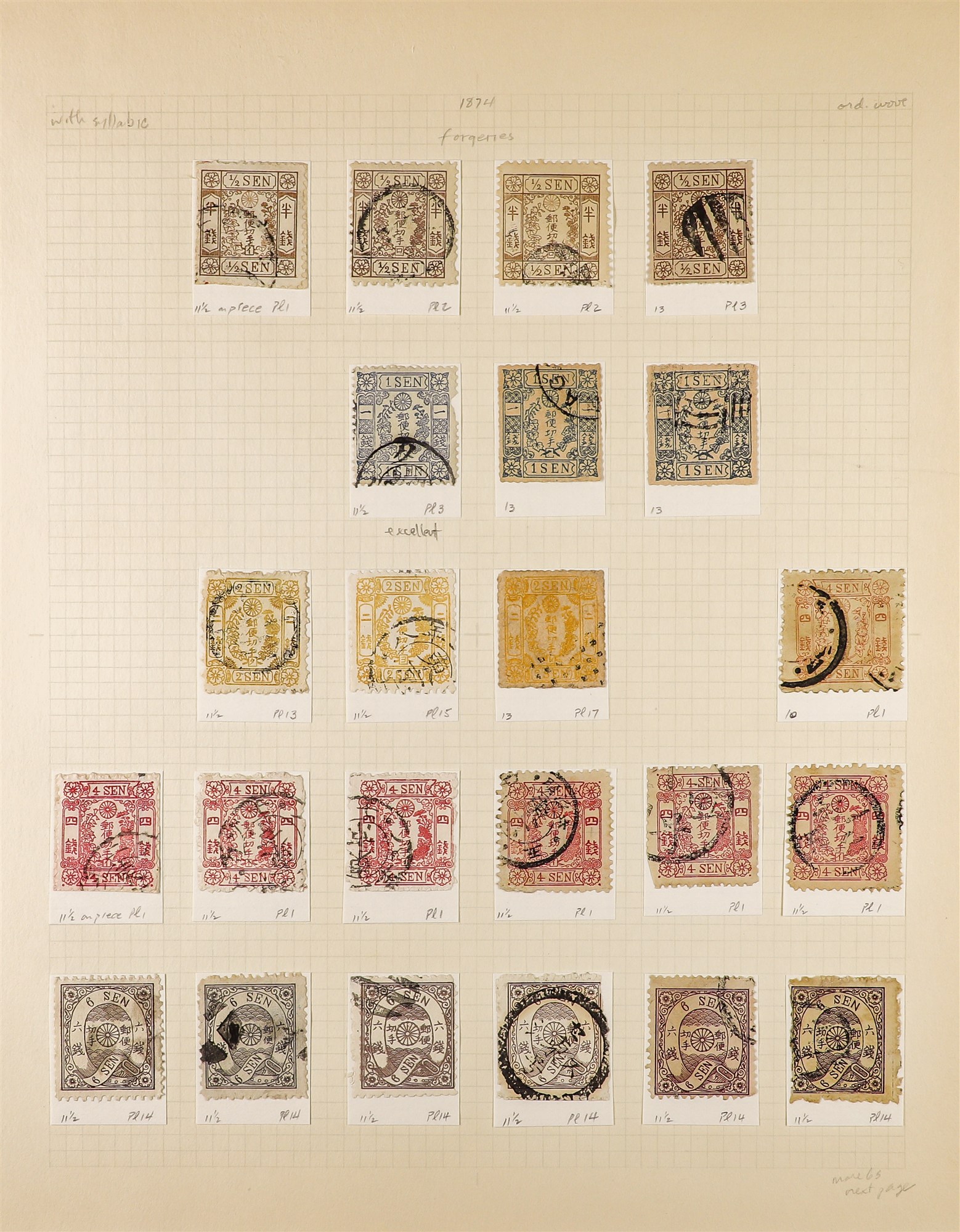 JAPAN 1872-75 CHERRY BLOSSOMS reference collection of 230+ forged stamps expertly annotated on - Image 6 of 8