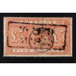 GB.QUEEN VICTORIA 1867-83 £5 orange on blued paper, SG 133, used with blue crayon line and expert
