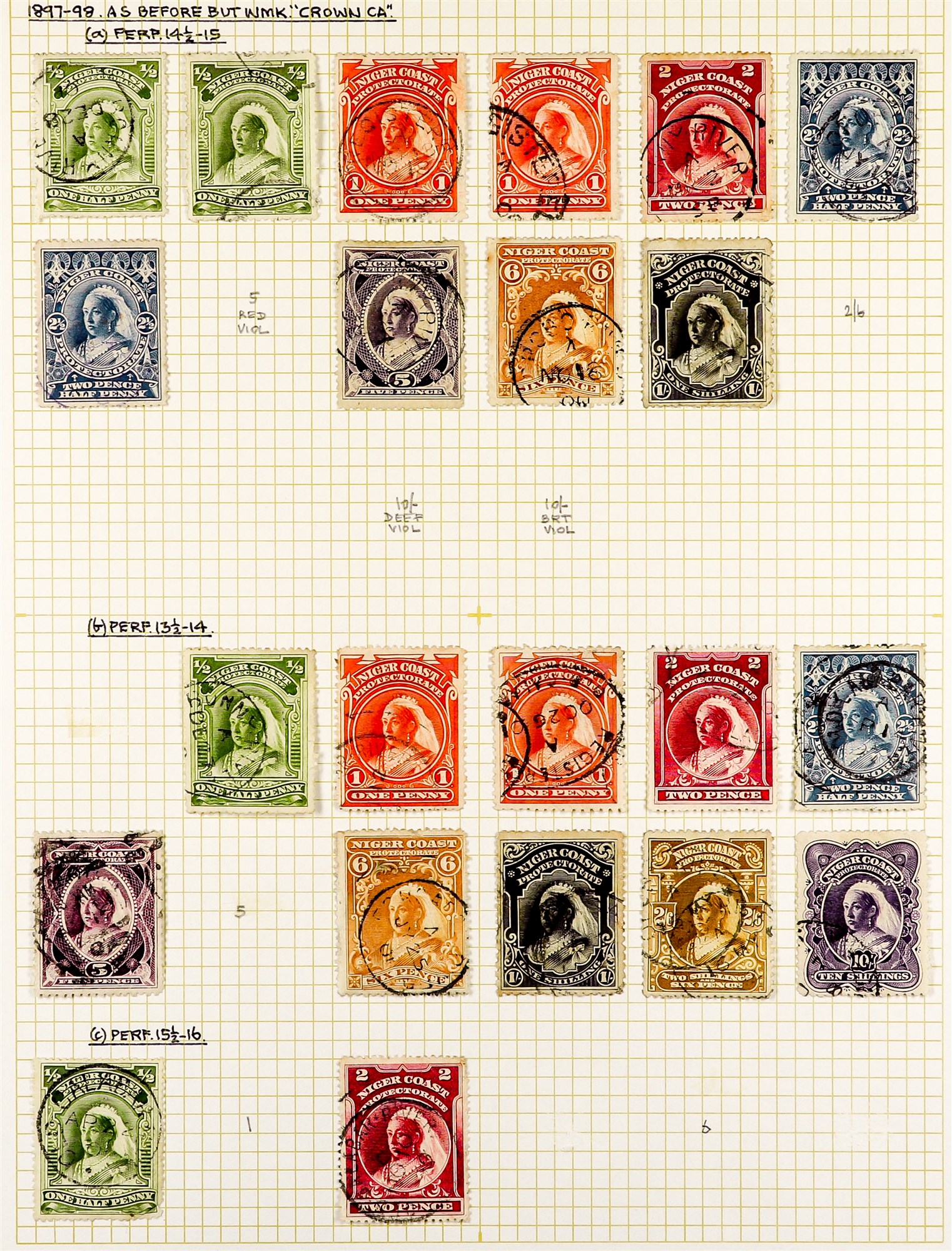 NIGER COAST PROTECTORATE 1897-98 fine used perf 14½ - 15 values to 1s, perf 13½ - 14 set of 9 values