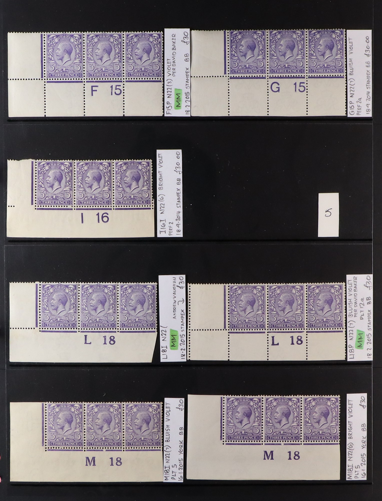 GB.GEORGE V 1912-24 3d VIOLETS - SPECIALIZED CONTROL NUMBERS COLLECTION of mint (much never hinged - Image 7 of 8